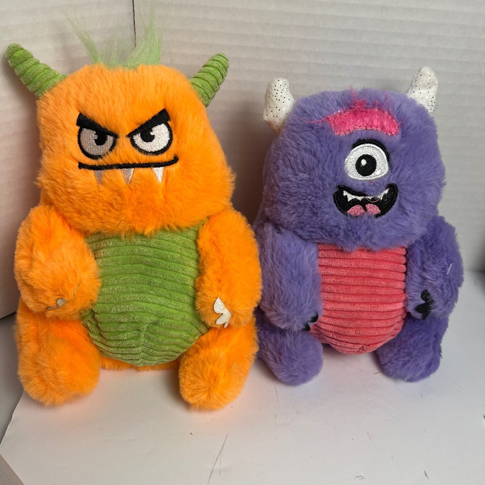 Plush Monster Toy Set Orange Grumpy 2 Horn & Purple Cyclops 1 Eye Stuffed Animal